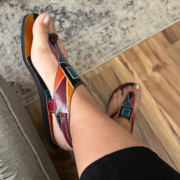 Genuine Tooled Leather Multicolor  Geometric Women's Sandals - Picture 9 of 9